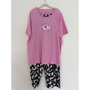 Dreams & Co‎ Women's 2Pc Pajama Pant Set 1X 22/24 Pink Black Playful Cats Hearts